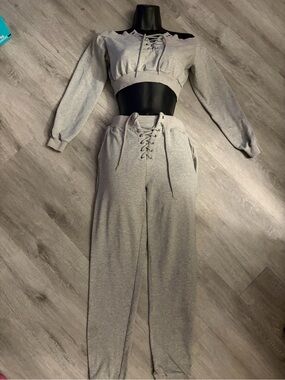 Women's Gray Lace-Up Sweatsuit Pants & Crop Top